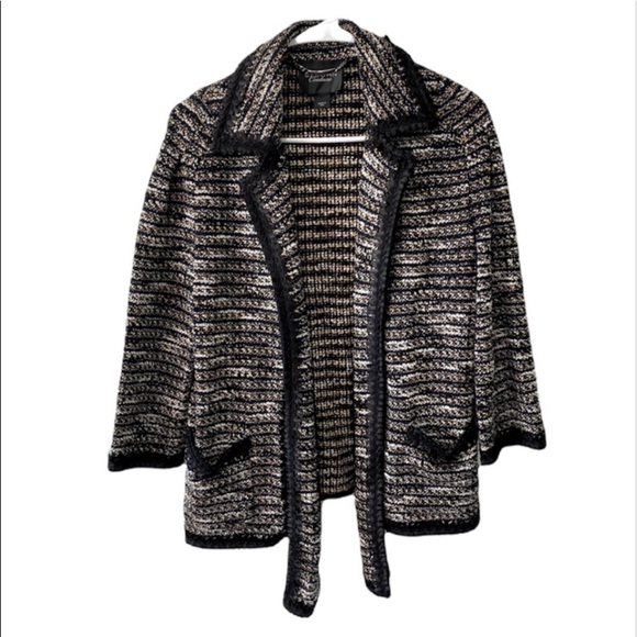 St. John Jackets & Blazers - St John Couture Gold Black White Knit Open Jacket Ruby Stone Pocket Jewel